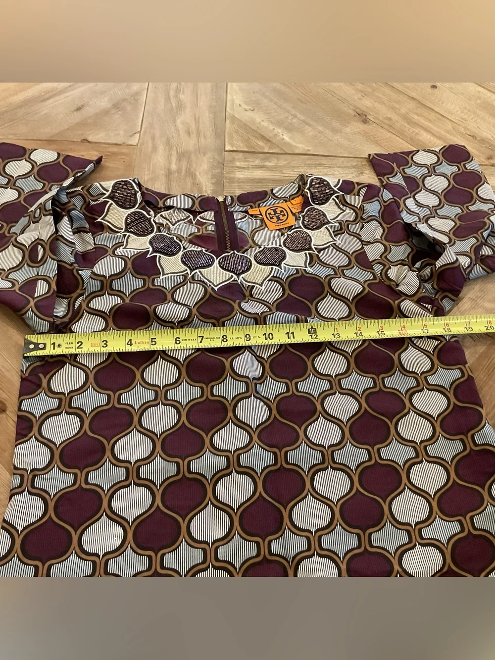 Tory Burch Silk Geometric Shift Dress Beaded Neckline Size 8